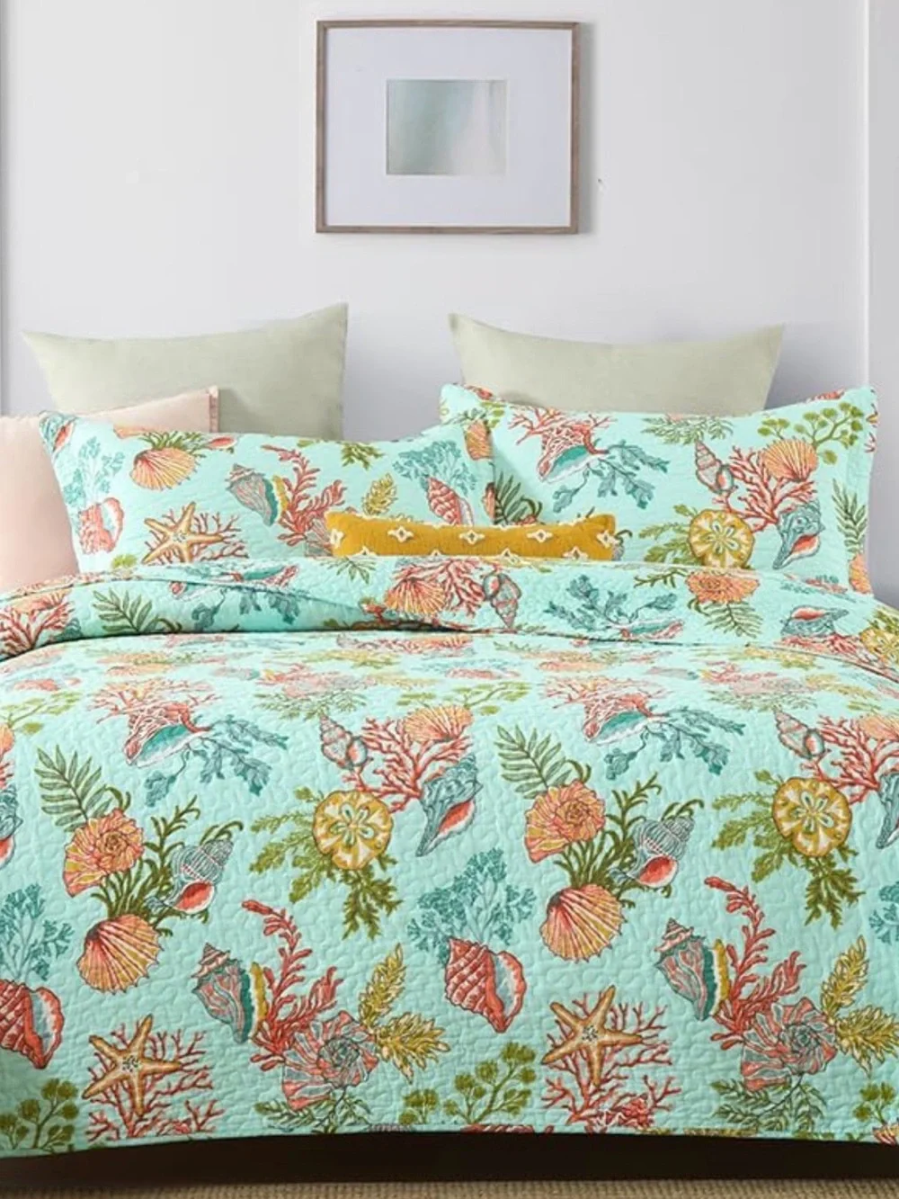 Aqua Seashell & Coral Quilt Set - Coastal Floral Bedding cotton fabric